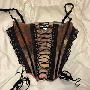Fashion Nova Black and Pink Lace-Up Bustier